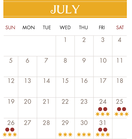 Month of July departure calendar